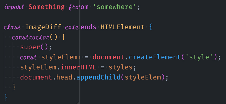 VS Code theme diff showing a theme with and without cursive characters.