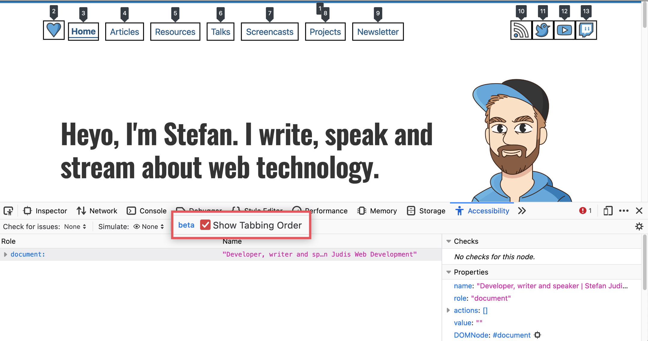 Firefox DevTools with an Open Accessibility panel that includes the "Show Tabbing Order" checkbox