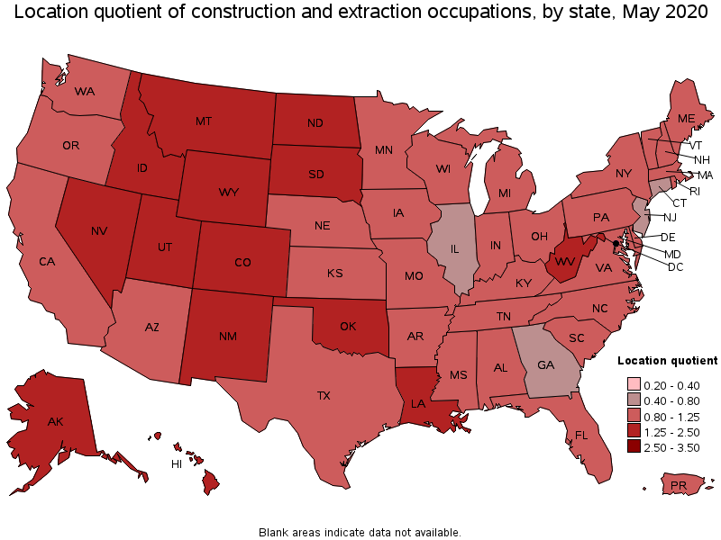 Location quotient of construction and extraction occupations