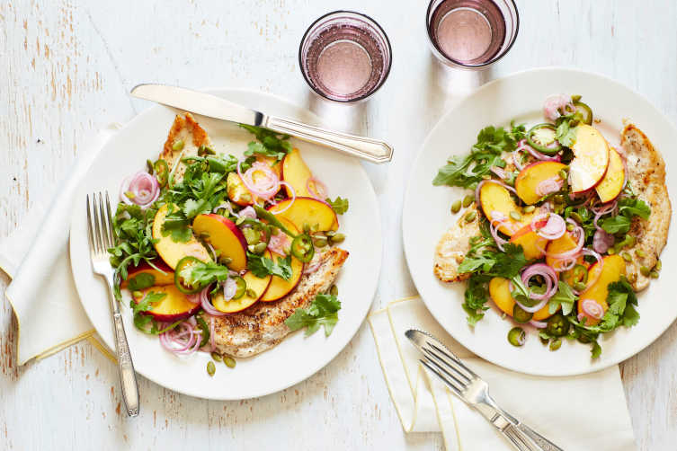 Chicken Paillards with Pickled Peach and Arugula Salad