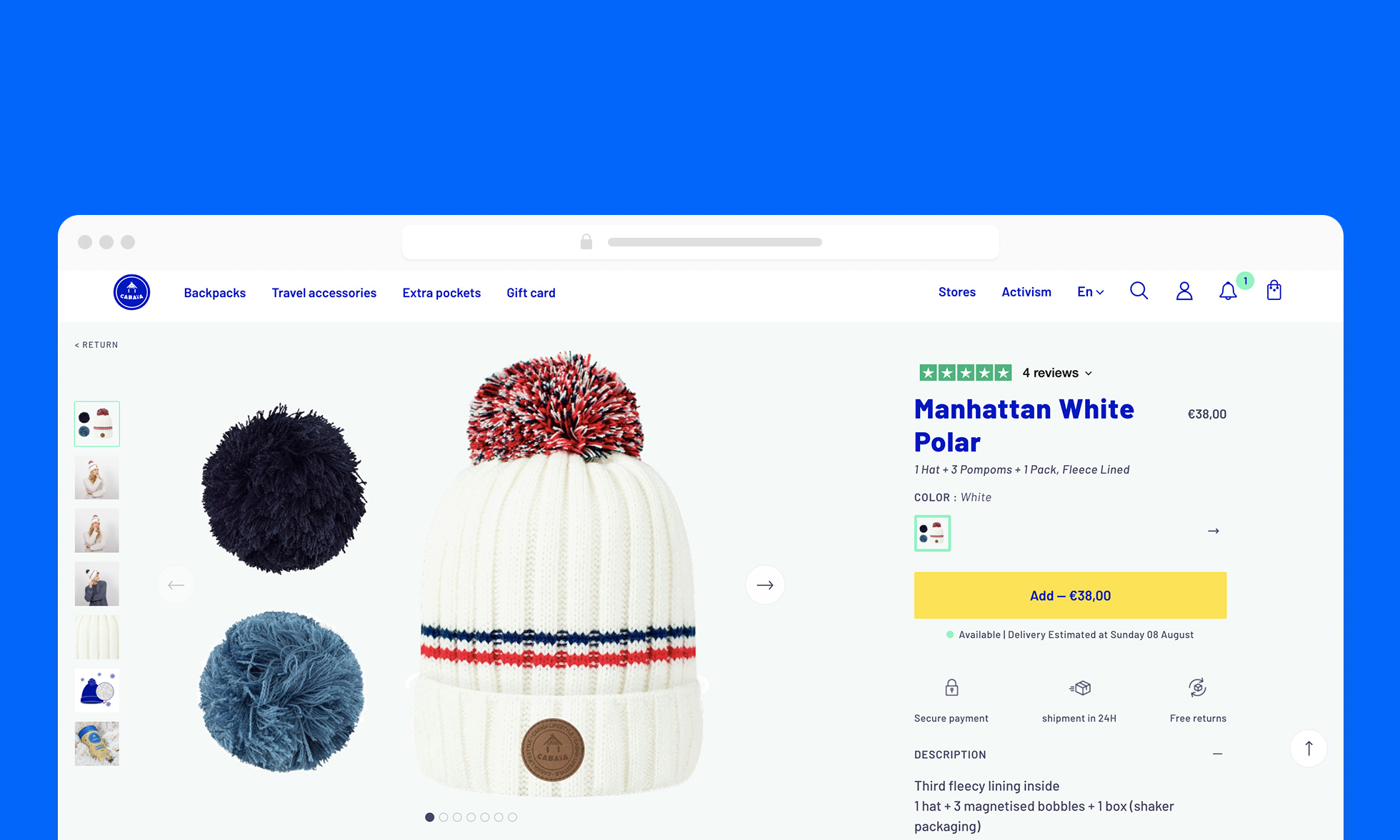 Fiche produit de bonnet sur le site international Cabaïa facilité par Mollie Payments