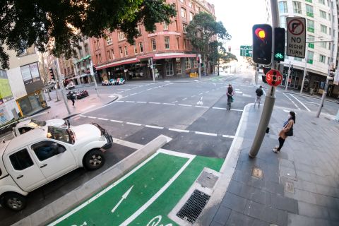 A new diagonal bike crossing at the junction of Liverpool and Sussex streets links Darling Harbour to the existing bike network on Liverpool Street. Photo: Chris Southwood / City of Sydney