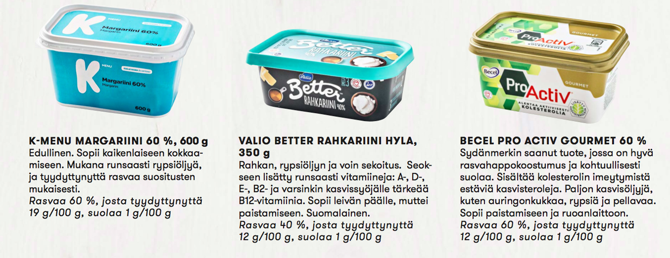 K-menu margariini 60%, Valio Better rahkariini HYLA, Becel Pro Activ Gourmet 60%