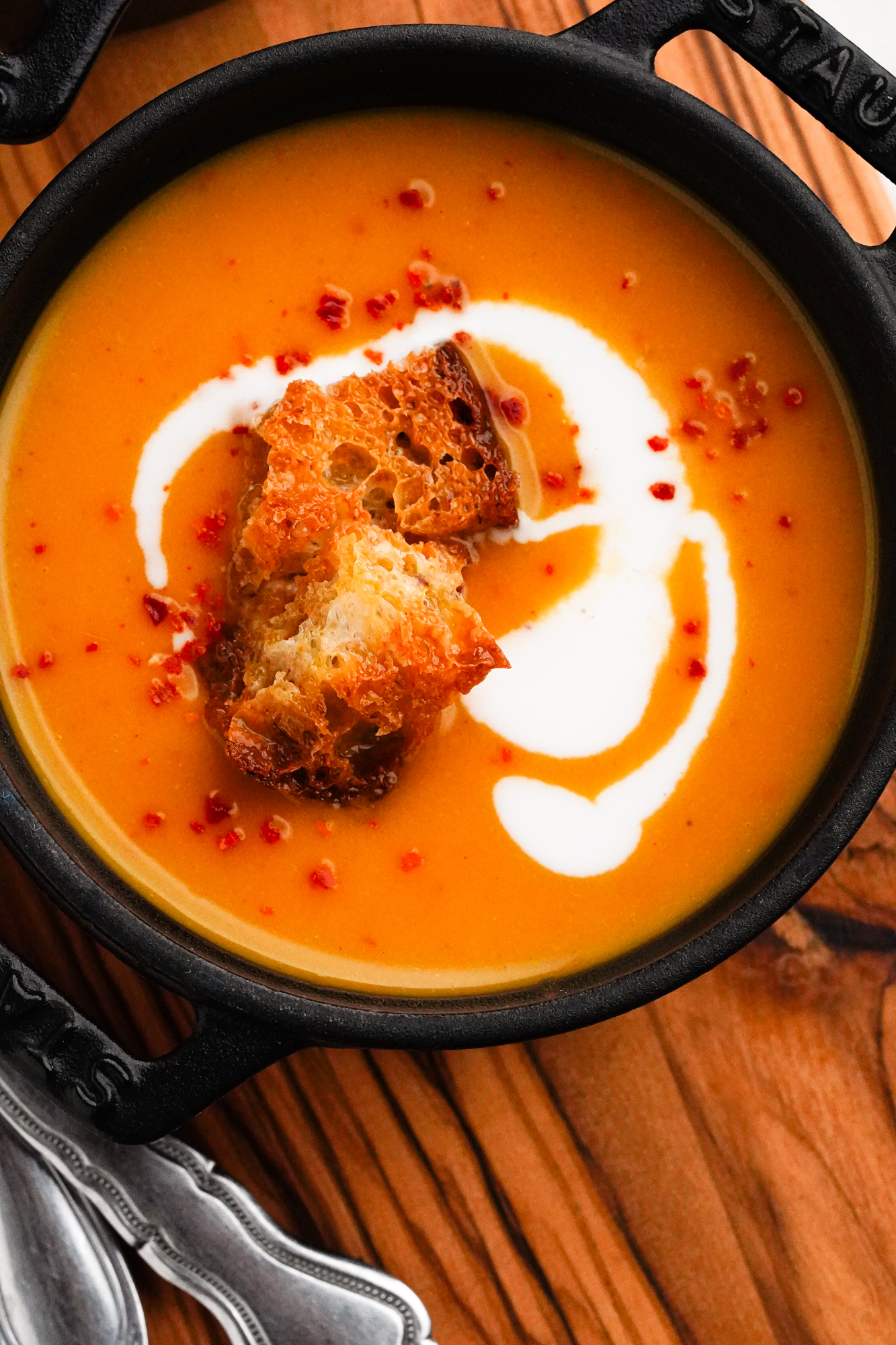 overhead view of curried butternut squash soup