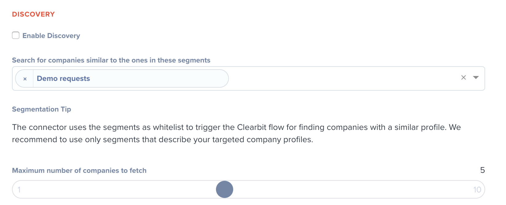 Hull Clearbit Discovery settings