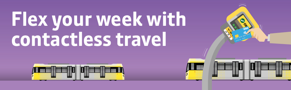 Banner containing images of Metrolink trams and a contactless ticketing machine. Image contains the words 'Flex your week with contactless travel'.