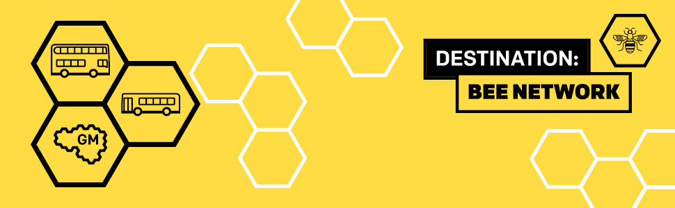 Banner featuring honeycomb design, with the Destination: Bee Network logo and a graphic of a bus within a honeycomb
