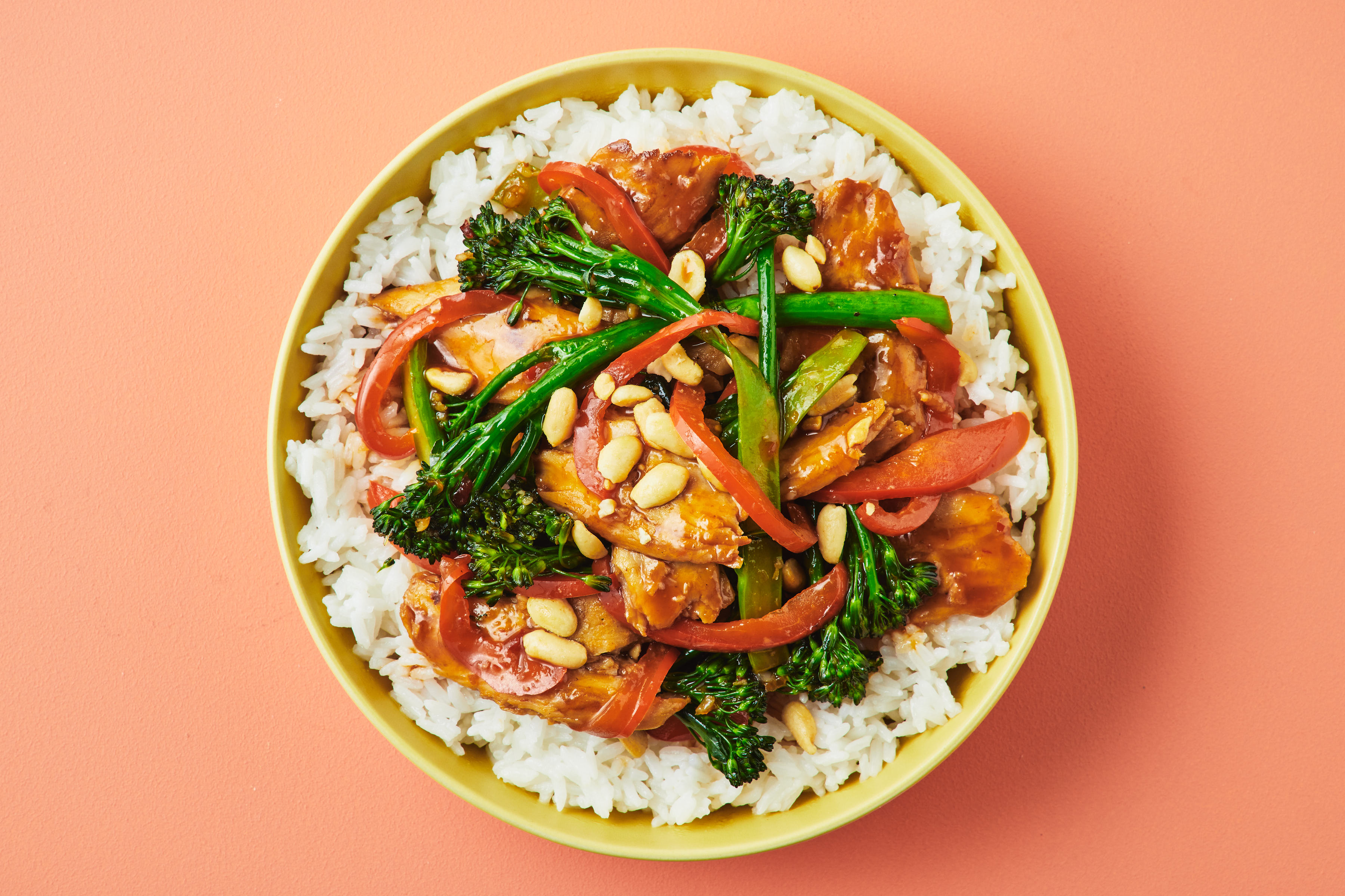 Chinese Plant-Based 'Chicken' Stir-Fry with Broccolini and Rice