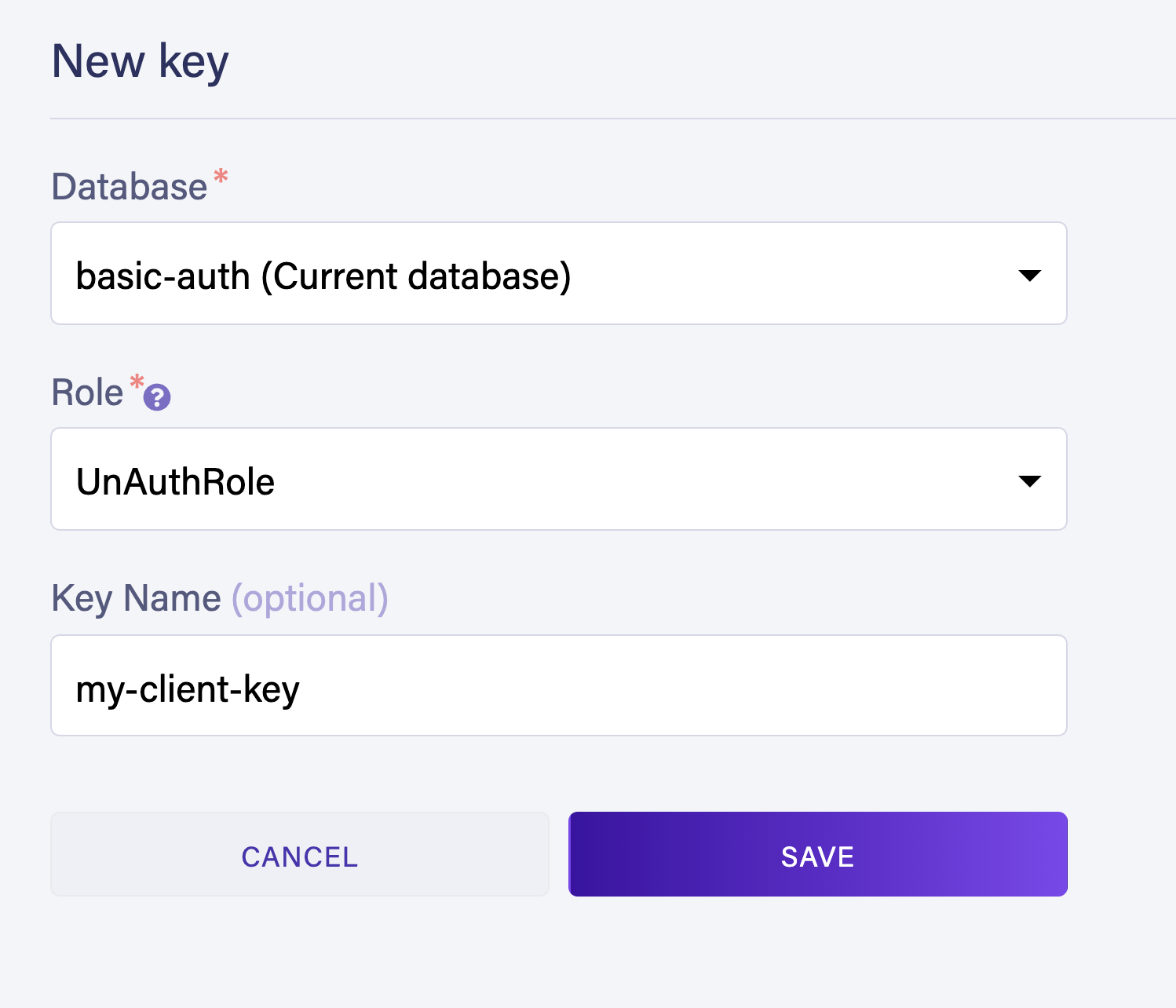 New key name and role configuration