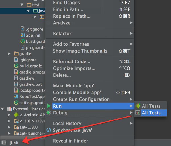 Android Studio run tests with jUnit