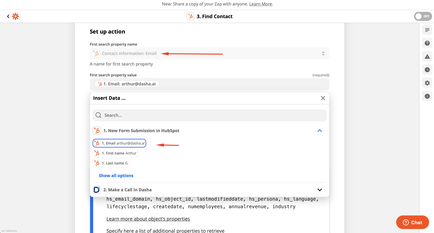 Set up the action for retrieving contact's Object ID from Hubspot 