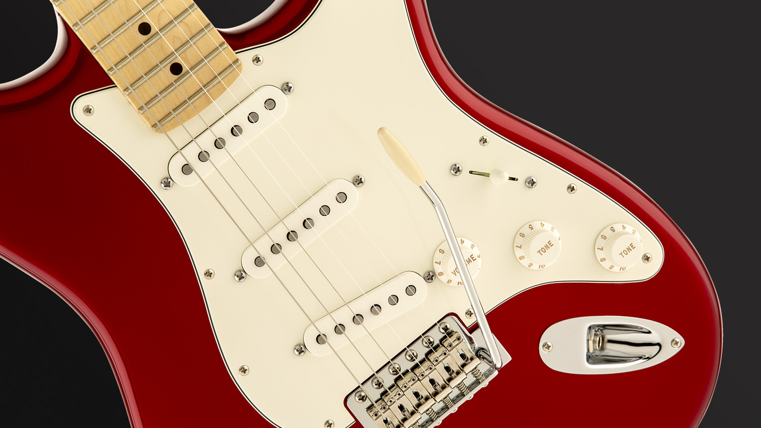 Above, an American Special series Stratocaster with a satin urethane finish (a type of polyurethane finish).
