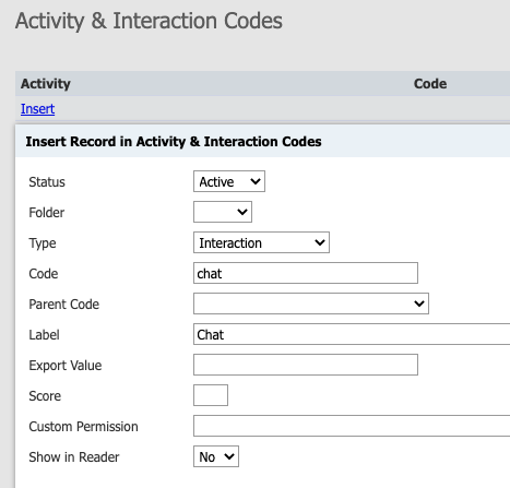 Activity & Interaction Codes page
