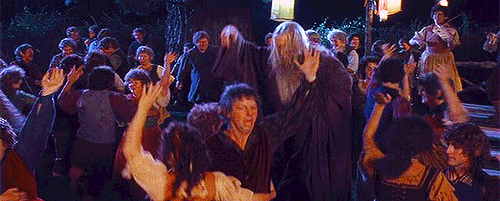 A science form Lord of the Rings depicting Gandalf dancing with hobbits