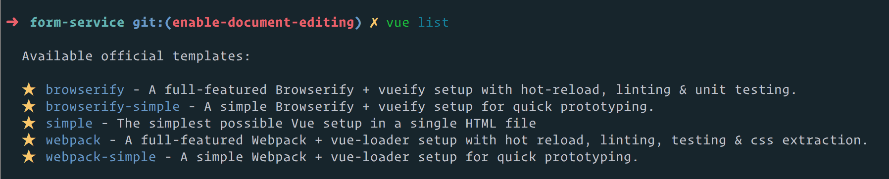 List of official vue-cli application templates