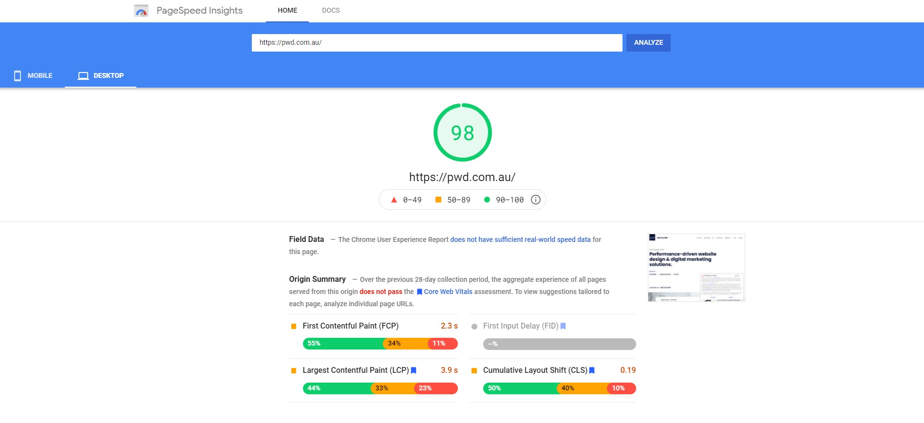 Google PageSpeed Insights report