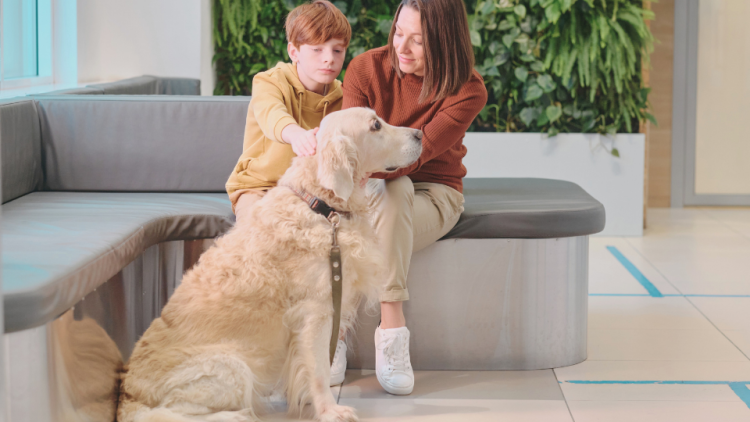 Mother and son sit with dog at vet office