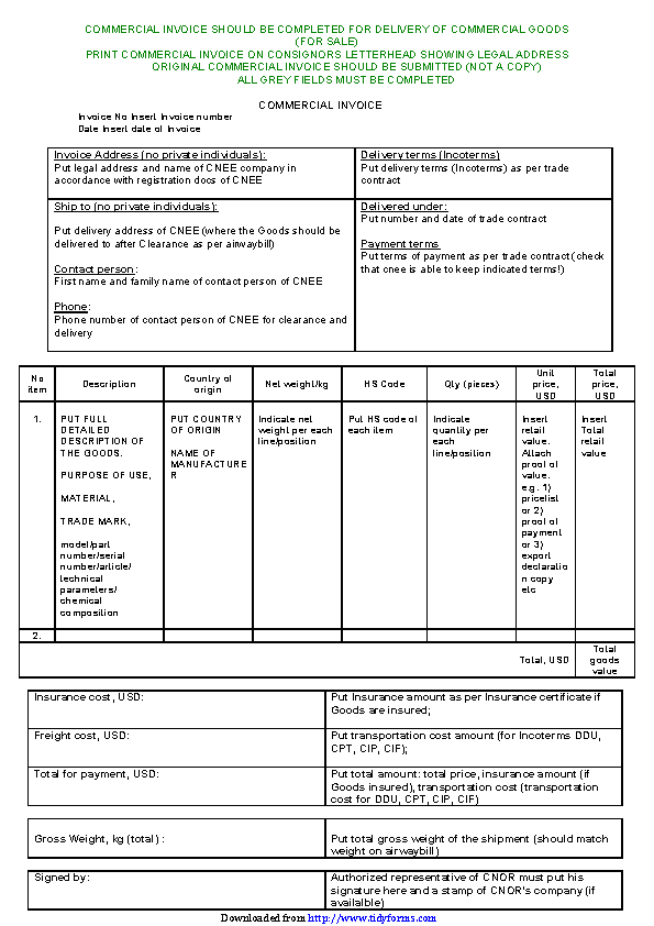 Commercial invoice format, letterhead, example format