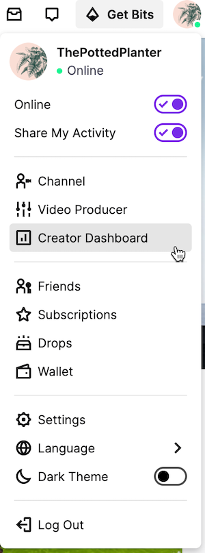 menu déroulant-twitch-account (compte)-cliquer sur creator dashboard (tableau de bord du créateur)