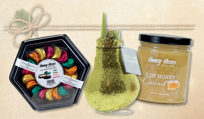 Holiday gift set from Jung Seed with Raw Honey, Amaryllis bulb and chocolates