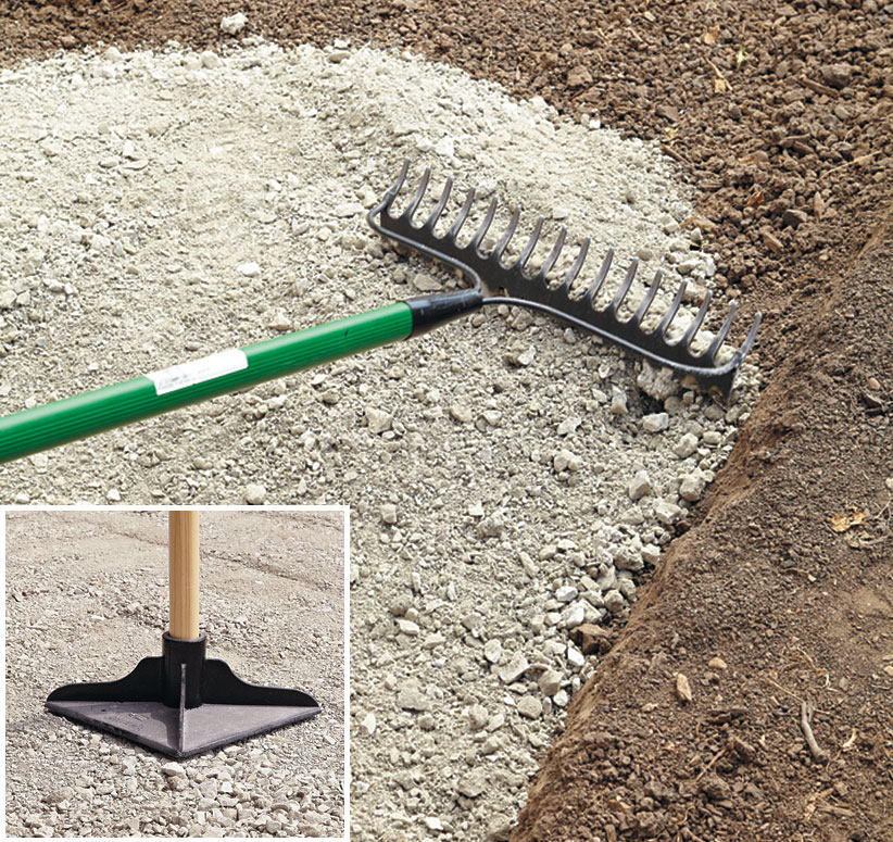 di-how-to-install-patio-step4: Once the gravel is in place, rake it smooth, check for level and tamp it.