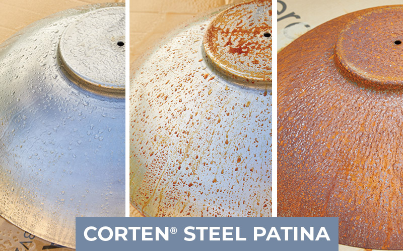 Corten steel patina process: This Corten Steel planter started out as silver and after adding several applications of the solution, takes on the rusted finish at right.