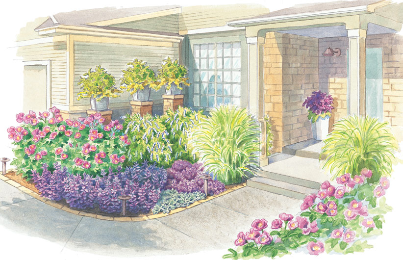 Watercolor illustration of a beautiful entry garden design: Illustration by Carlie Hamilton