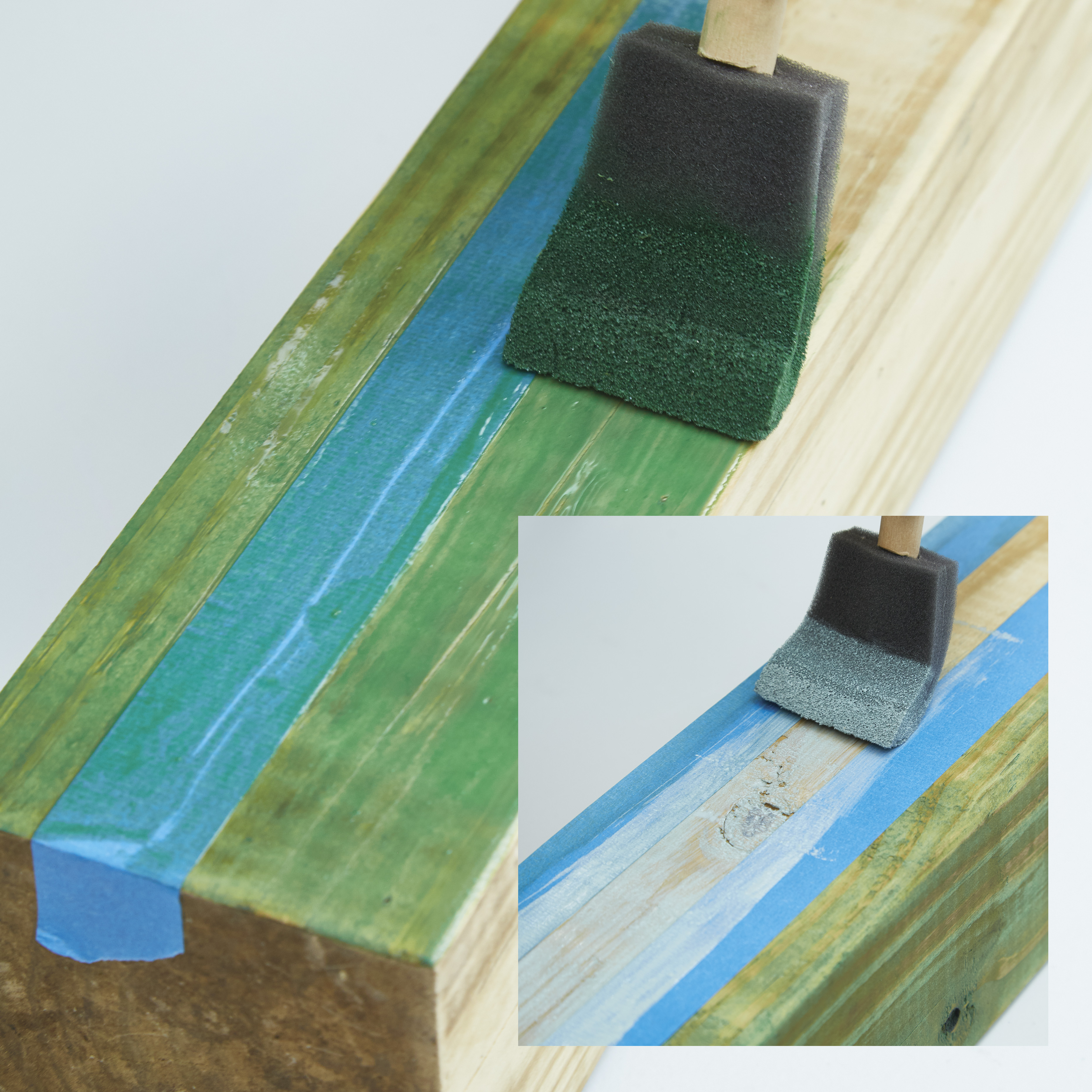 diy-garden-poles-staining: The stripe becomes the width of the painter’s tape. Apply light blue stain between two rows of painter’s tape (inset).