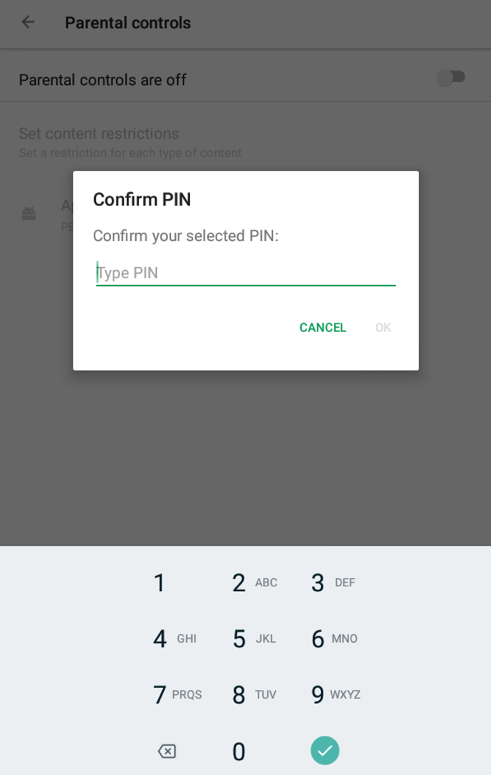  Parental Control Confirming PIN in Google Play Store