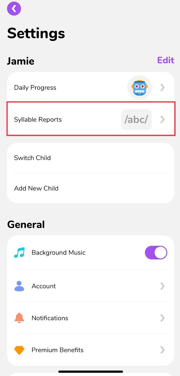 syllable reports in the settings