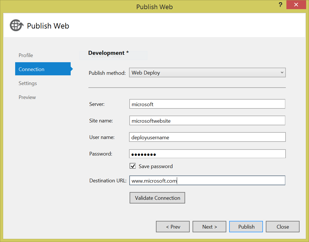 Example of Publish Profile in Visual Studio