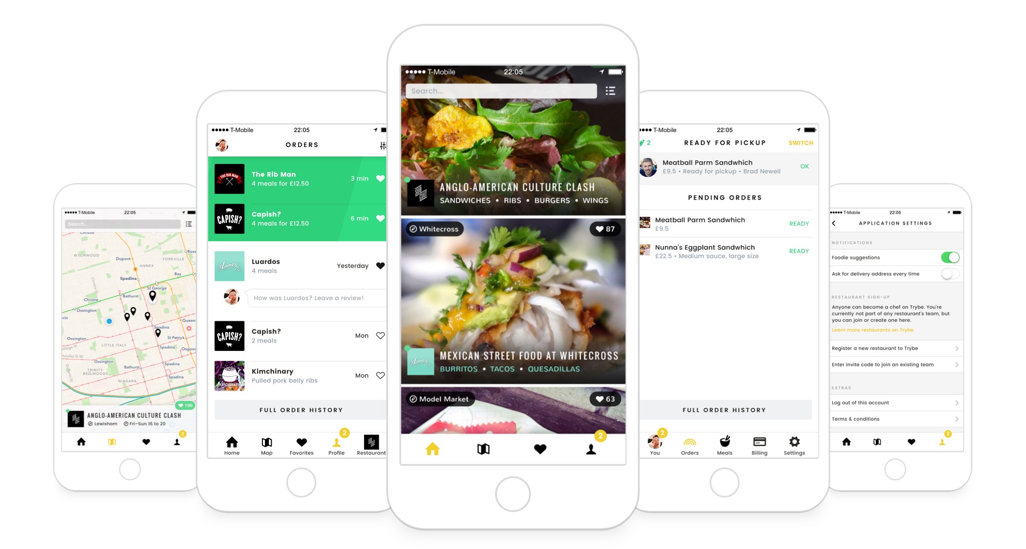 Trybe app's original UI for finding home cooks and following street food vendors.
