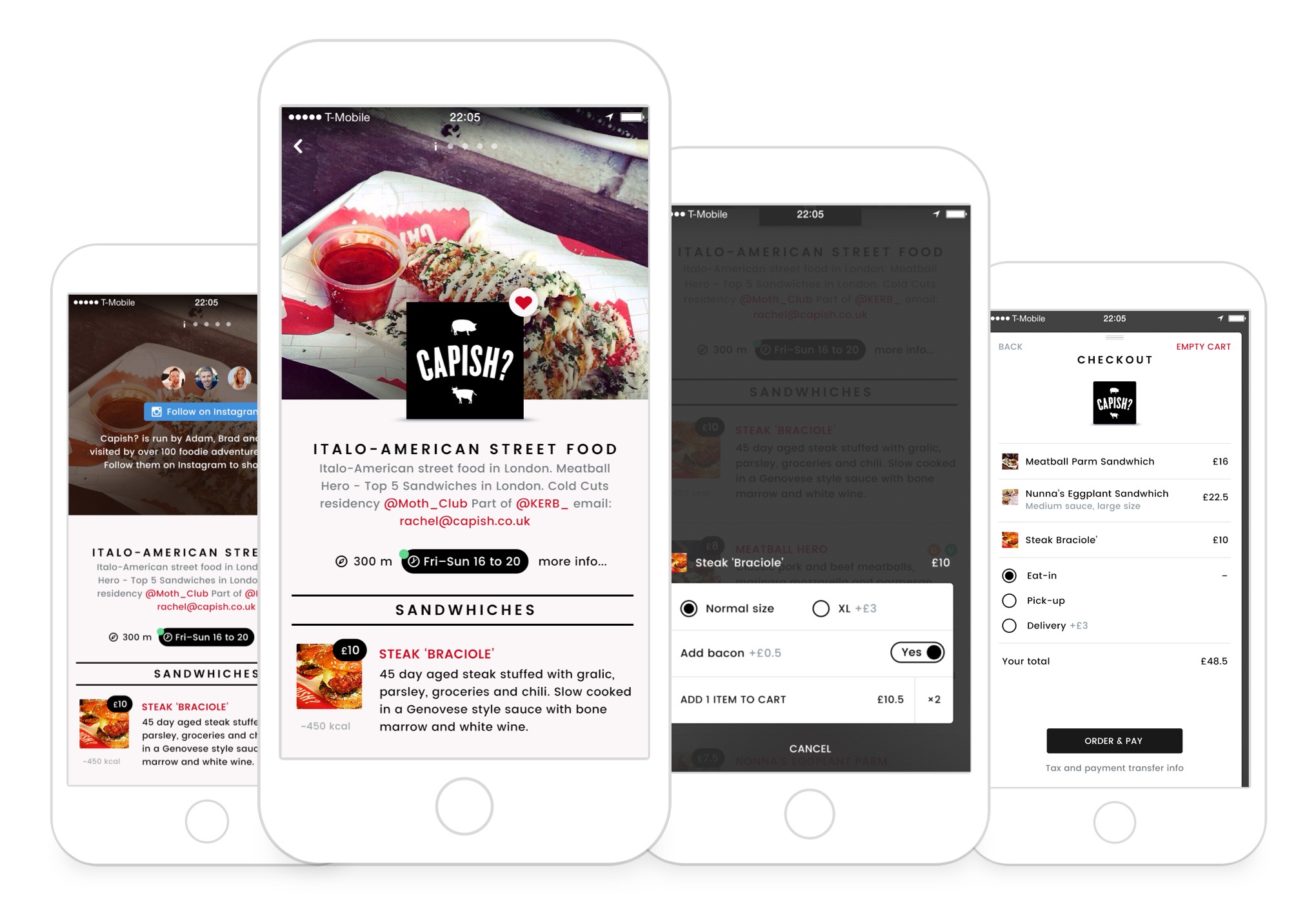 Meal checkout was one of the core flows we wanted to visualize in the MVP. We validated our solution by prototyping with real menus collected from various street food brands in London.